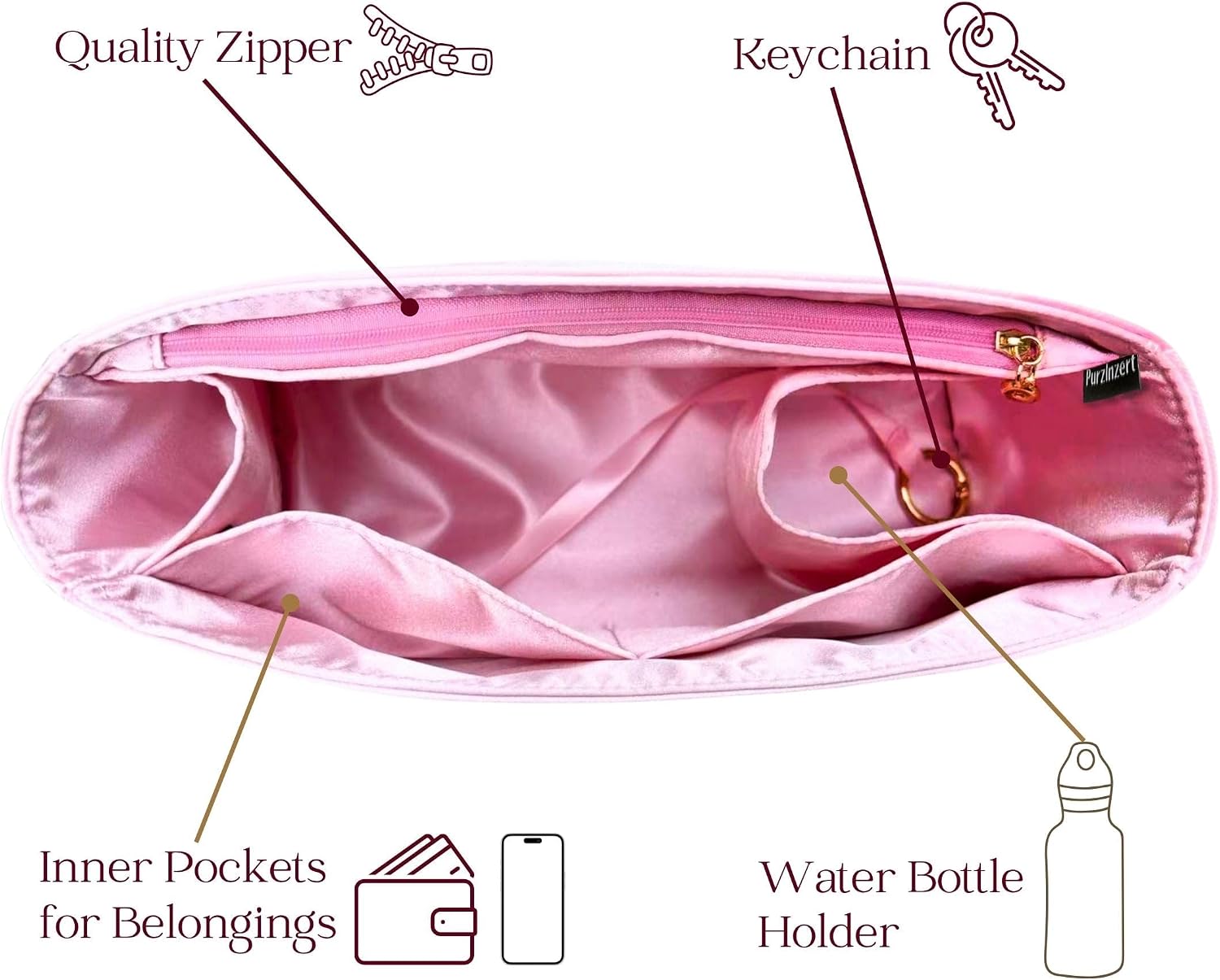 Premium Satin Silk Insert for Goyard Hardy PM (Fuchsia), Lightweight Organizer, Zipper Pocket Tapered Shape image 4