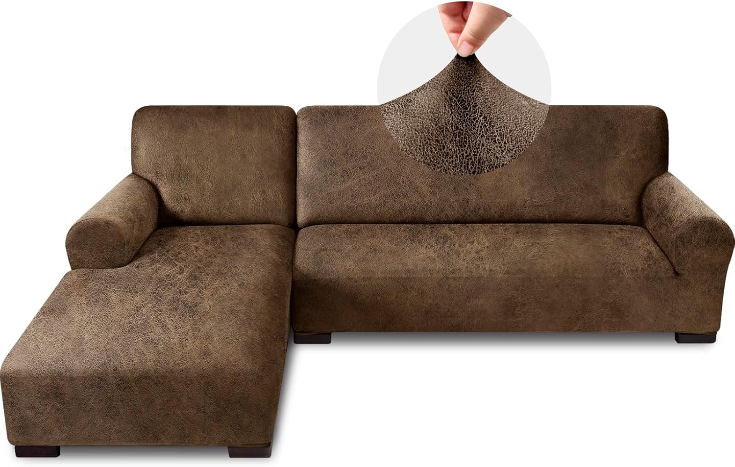 Sectional Couch Covers, Leather Look Sofa Cover L Shape 2PCS Soft Stretch Slipcover for Sectional Sofa, Non Slip Furniture Protector (3 Seat Sofa + 3 Seat Right Chaise, Brown) 3 Seat Sofa + 3 Seat Right Chaise Brown