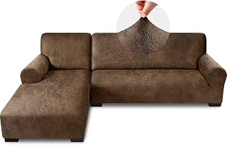 Pfrstuv Sectional Couch Covers, Leather Look Sofa Cover L Shape 2PCS Soft Stretch Slipcover for Sectional Sofa, Non Slip Furniture Protector (3 Seat Sofa + 3 Seat Right Chaise, Brown)