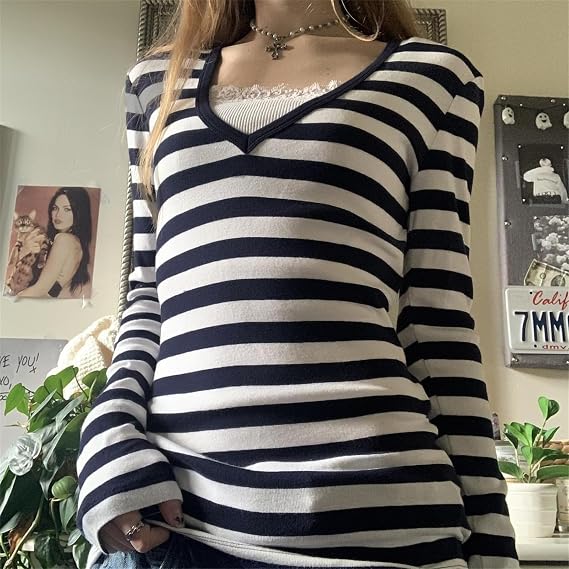 Y2k ストライプ グランジ ゴス シャツ レディース 長袖 ヴィンテージ 美的 原宿 Tシャツ ティーン ガールズ スリム フィット クロップトップ