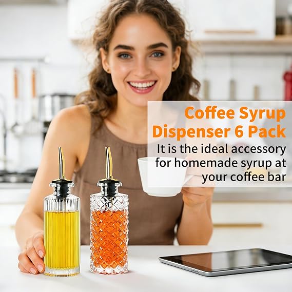 Coffee Syrup Dispenser Olive Oil and Vinegar Glass Bottle Set of 6 Ideal for Kitchen, Coffee Bar, Clear Simple Small Syrup Bottles, with Leak-Proof Lids, Pour Spout, Glass Stopper