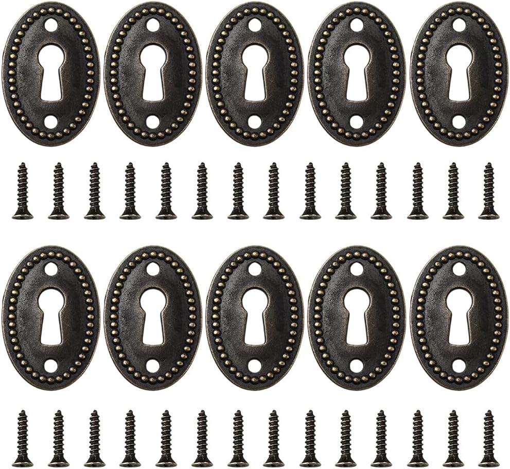 CREATCABIN 10 Pcs Oval Keyhole Cover Zinc Alloy Decorative Keyhole Escutcheon Plate Antique Bronze Vintage Corner Lock Covers with Screws for Cabinet Door Dresser Drawer Desk Jewelry Box 1.44 x 0.94in