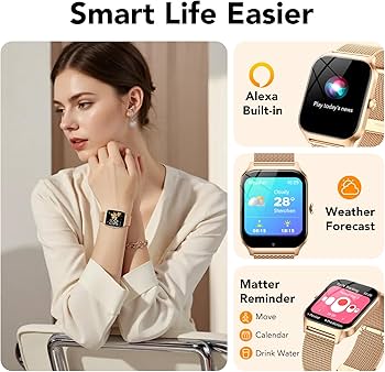 CASCHO Smartwatch voor dames, 1,85 inch smartwatch met bluetooth-oproepen/assistent, 120 sportsmartwatch met stappenteller, slaap-/hartslagmeter, verguld en lichtroze