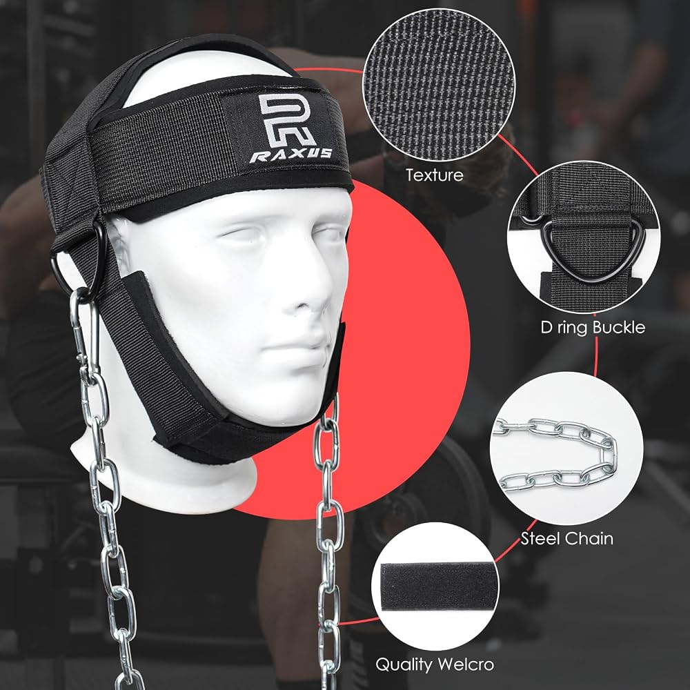 RAXUS Harnais de tête de cou pour entraînement de résistance, anneaux D extra lourds et chaîne en acier – Construire un cou plus épais avec sangle de cou d'exercice durable RAXUS Harnais de tête de cou pour entraînement de résistance, anneaux D extra lourds et chaîne en acier – Construire un cou plus épais avec sangle de cou d'exercice durable