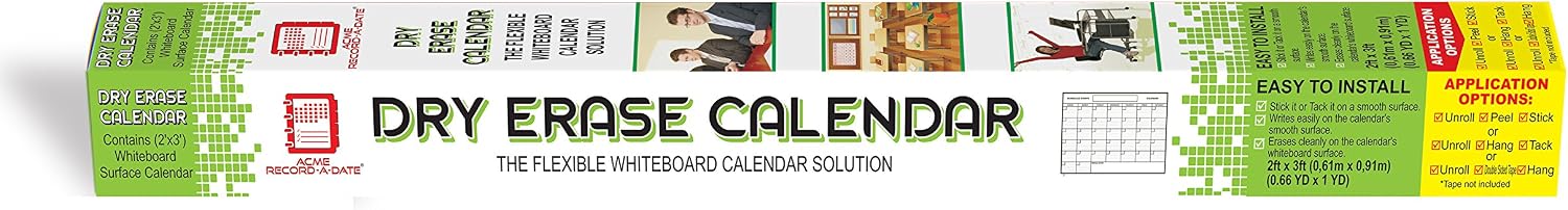 Whiteboard Dry Erase Monthly Calendar 2' x 3' Flexible Durable Sheet Material - Best for Goals Current Events By Acme Record A Date Offer Easy to Install Stick or Tack for Home School Business