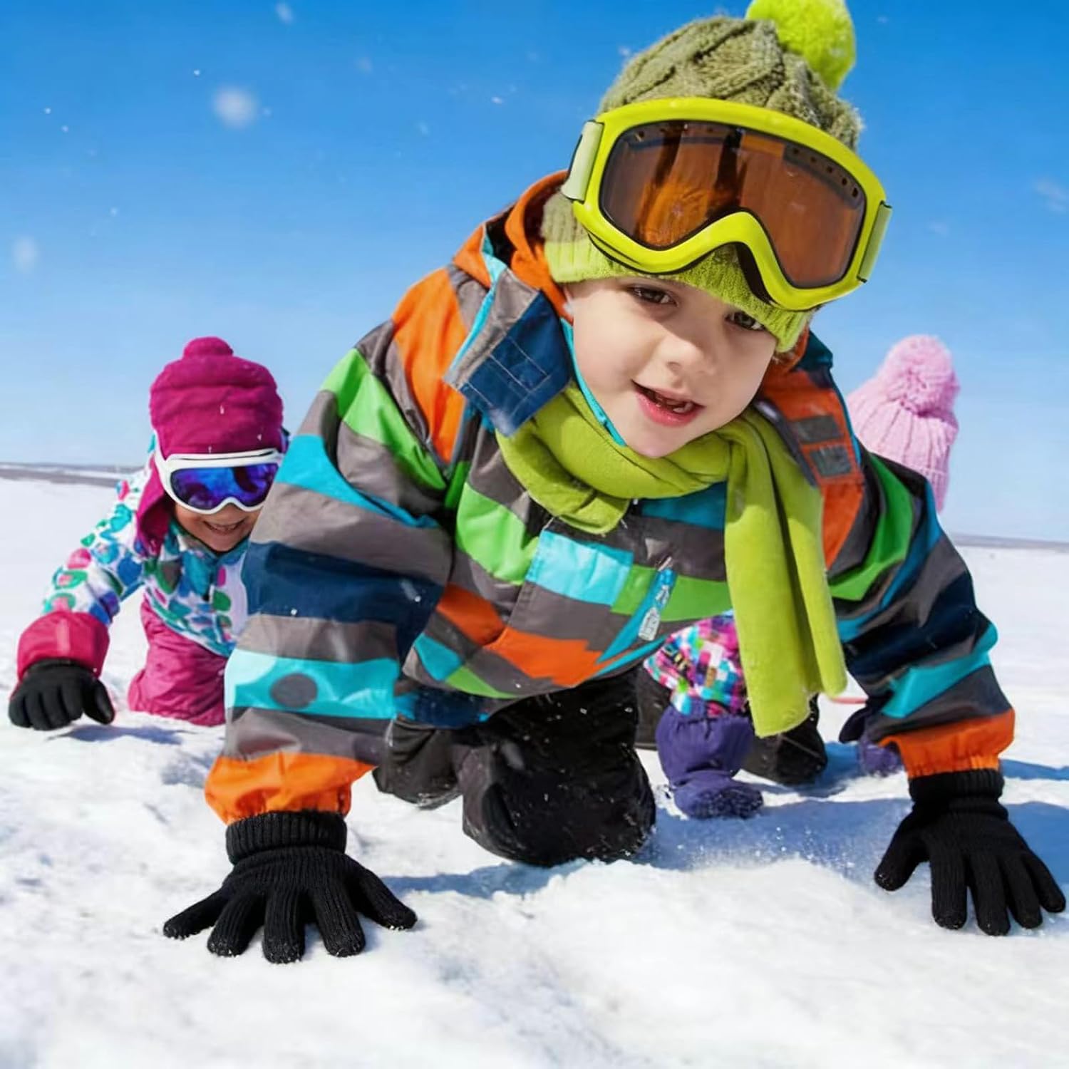 3 Pairs Kids Winter Knit Gloves Warm Black for Boys Girls | Full Finger Design, Thermal Insulation, Soft Stretchy Comfortable, Fits Toddlers Children, Outdoor Cold Weather Gifts