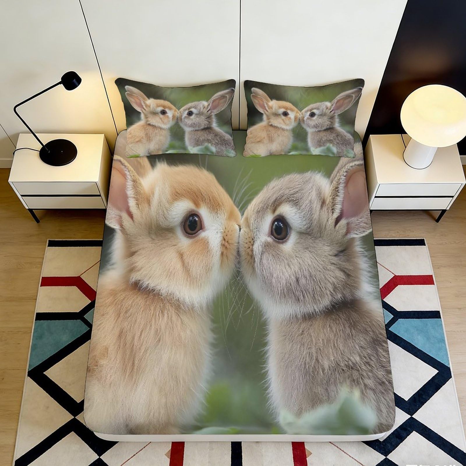 Jqzkxnhpbr Style-5 3D Printed Bunny Lovers Fitted Sheet Microfiber Soft Bedroom Decor Rabbit Pair Mattress Cover For Home Dorm 90X200x25cm