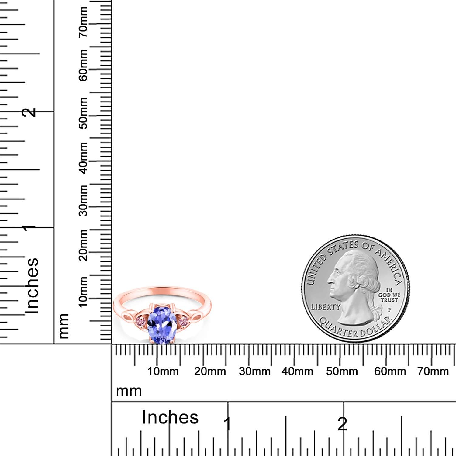 Gem Stone King 18K Rose Gold Plated Silver Blue Tanzanite and Pink Lab Grown Diamond 3-Stone Rings For Women | 1.24 Cttw | Gemstone December Birthstone | Oval 8X6MM | Size 5, 6, 7, 8, 9