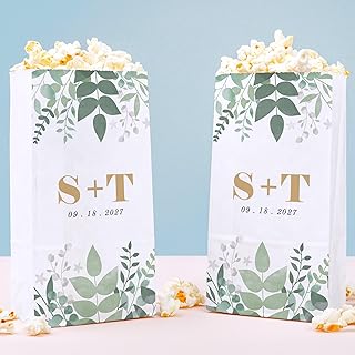 Big Dot of Happiness Personalized Boho Botanical Popcorn Bags, Custom Greenery Bridal Shower and Wedding Party Favor Snack Treats, Free-Standing Individual White Paper Bags - 25 Count