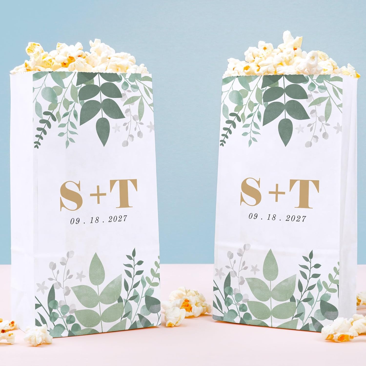 Big Dot of Happiness Personalized Boho Botanical Popcorn Bags, Custom Greenery Bridal Shower and Wedding Party Favor Snack Treats, Free-Standing Individual White Paper Bags - 100 Count