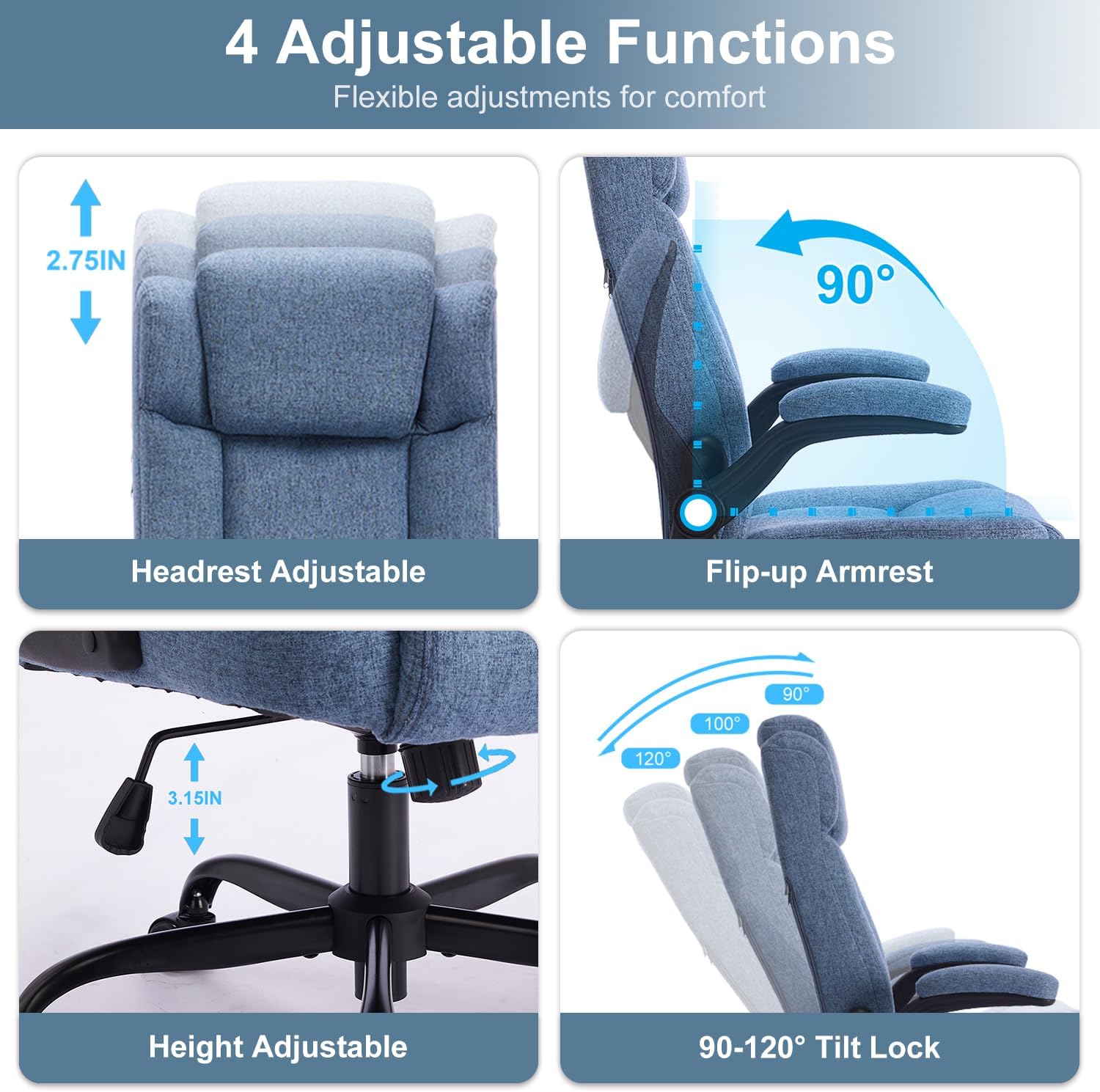 High Back Executive Office Chair, Comfy Fabric Desk Chair with Adjustable Headrest, Big and Tall Office Chair,Computer Task Chair with Flip-up Armrests,120° Tilt Rock Function,Lumbar Support