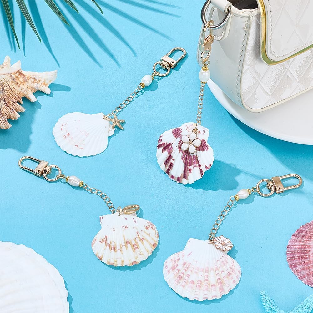 PH PandaHall 4 Pack Shell Keychains Gold White Seashell Charms Cute Purse Bag Accessories 5.2 Inch Coastal Decor for Women Backpack Beach Gifts Summer Holiday Home Car Hanging Decor image 4