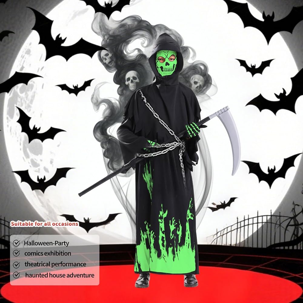 KYOEOE Costume da scheletro ragazza bagliore nel buio con falce, Halloween mietitore triste costume bambini mietitore costume per Halloween carnevale