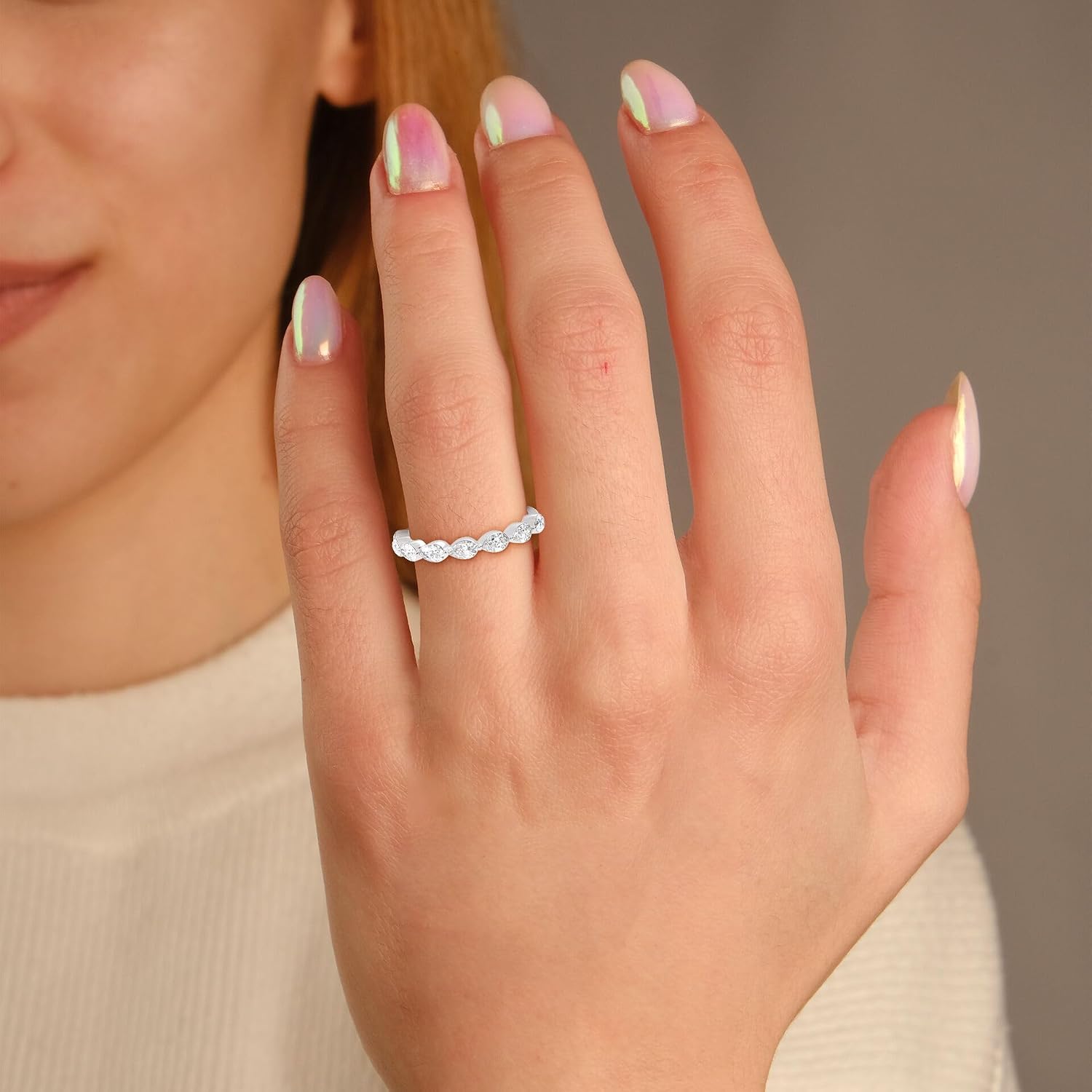 SAVEARTH DIAMONDS 8 Stone Half Eternity Wedding Band Ring, 0.80 Cttw Pear Cut Lab Created Moissanite Rings for Women In 10K / 14K Solid Gold OR 925 Sterling Silver VVS1 Quality