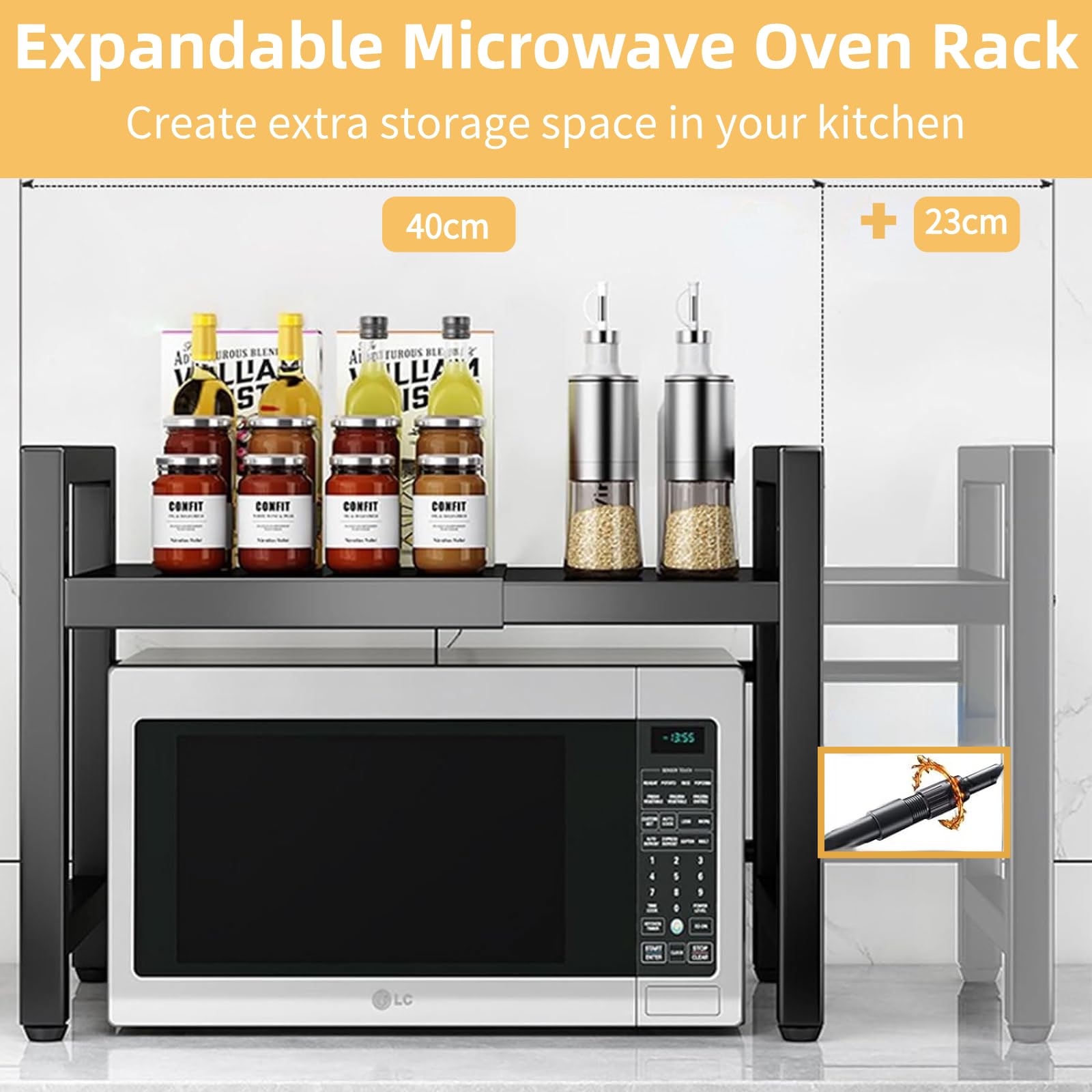 Scaffale espandibile per forno a microonde a 2 ripiani, regolabile in altezza e lunghezza, organizer da cucina, nero (L15. 7-23. 6 x W14. 7 x H 18. 1)