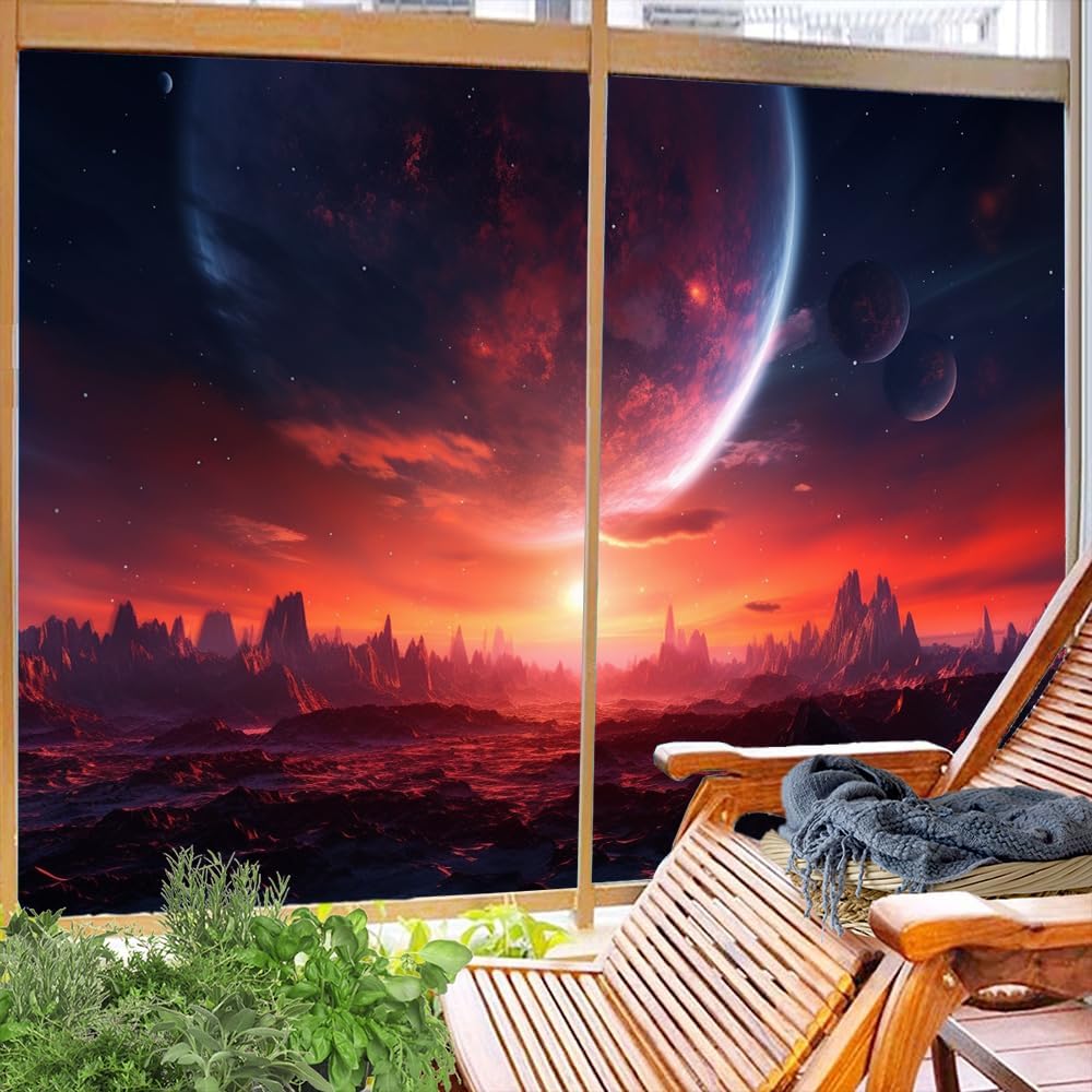 Outer Planet Window Privacy Film Fantasy Planet Space Theme Stained Glass Window Film Decorative Window Cling for Home Window&Glass Door, Sun Blocking 31.5Wx47.2L-inch x2 Pcs