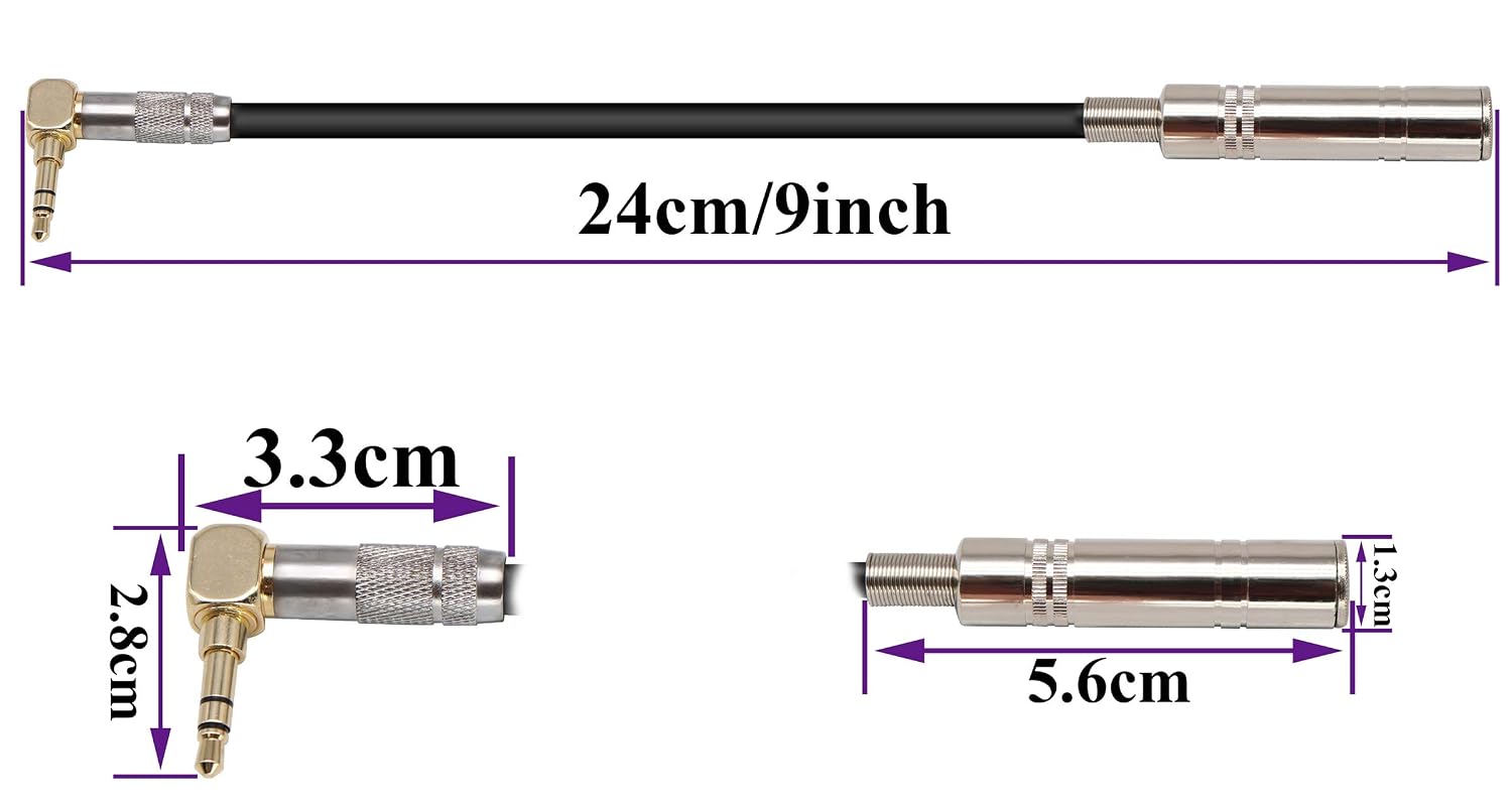90 Degree 1/8 to 1/4 Stereo Adapter Cable, TRS 90 Degree 3.5mm Male to 6.35mm Female Stereo Audio Adapter for Amplifiers, Guitar,Home Theater Devices,Laptop etc.(9inch/24cm