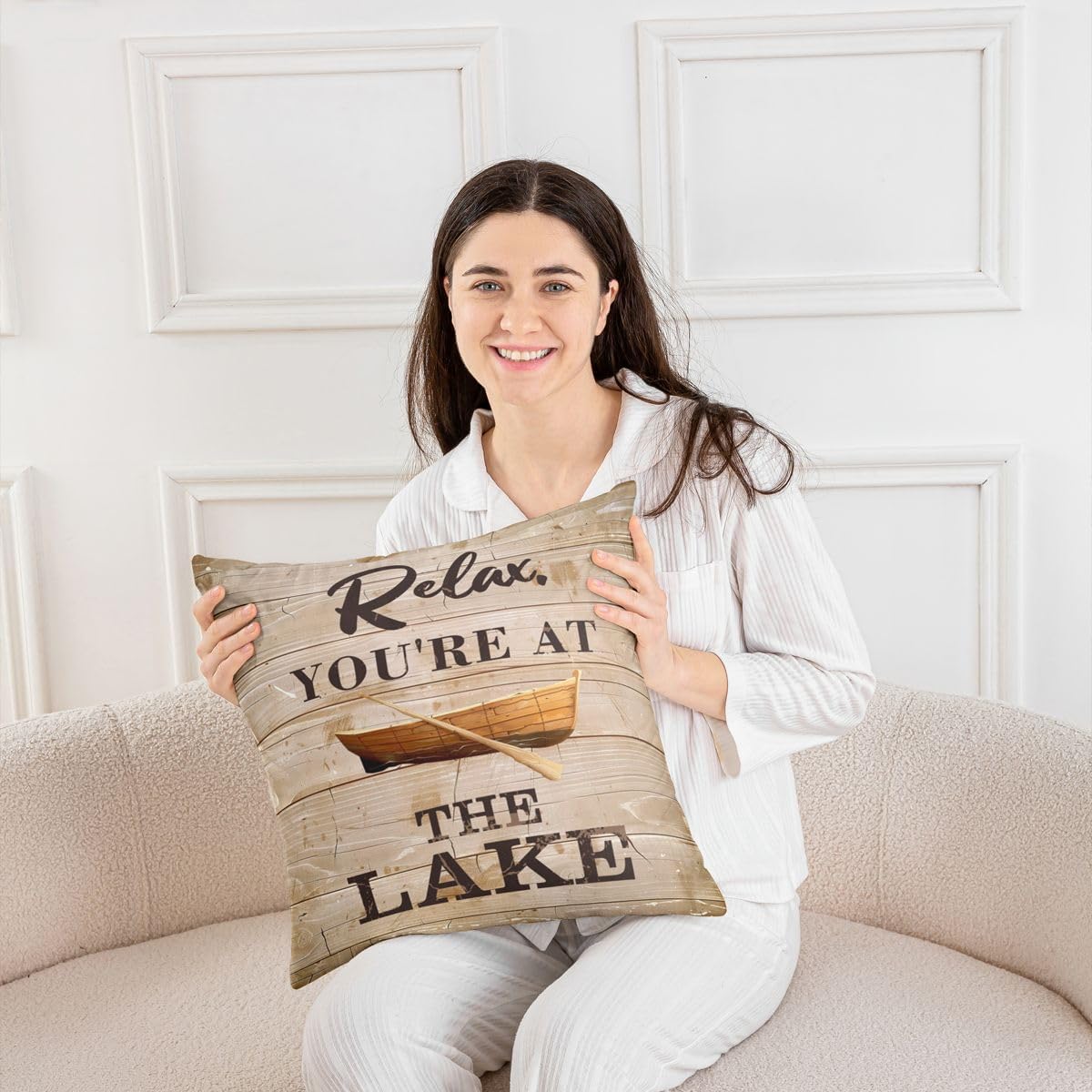 Erosebridal Pack of 4 Lake House Pillow Covers 18x18, Retro Boat Throw Pillow Coverss for Kids Teens Adult, Rustic Farmhouse Cushion Covers, Brown Wooden Barn Lake Cabin Decorative Pillow Covers