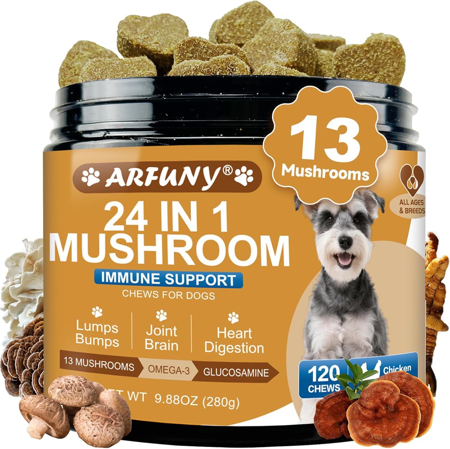 Mushrooms for Dogs – Turkey Tail Mushroom for Dogs – Gut, Skin, Joint, Immune Health- Dog Lumps & Bumps – 13 Organic Mushrooms Turkey Tail, Reishi, Lions Mane, Glucosamine, MSM – Chicken Flavor