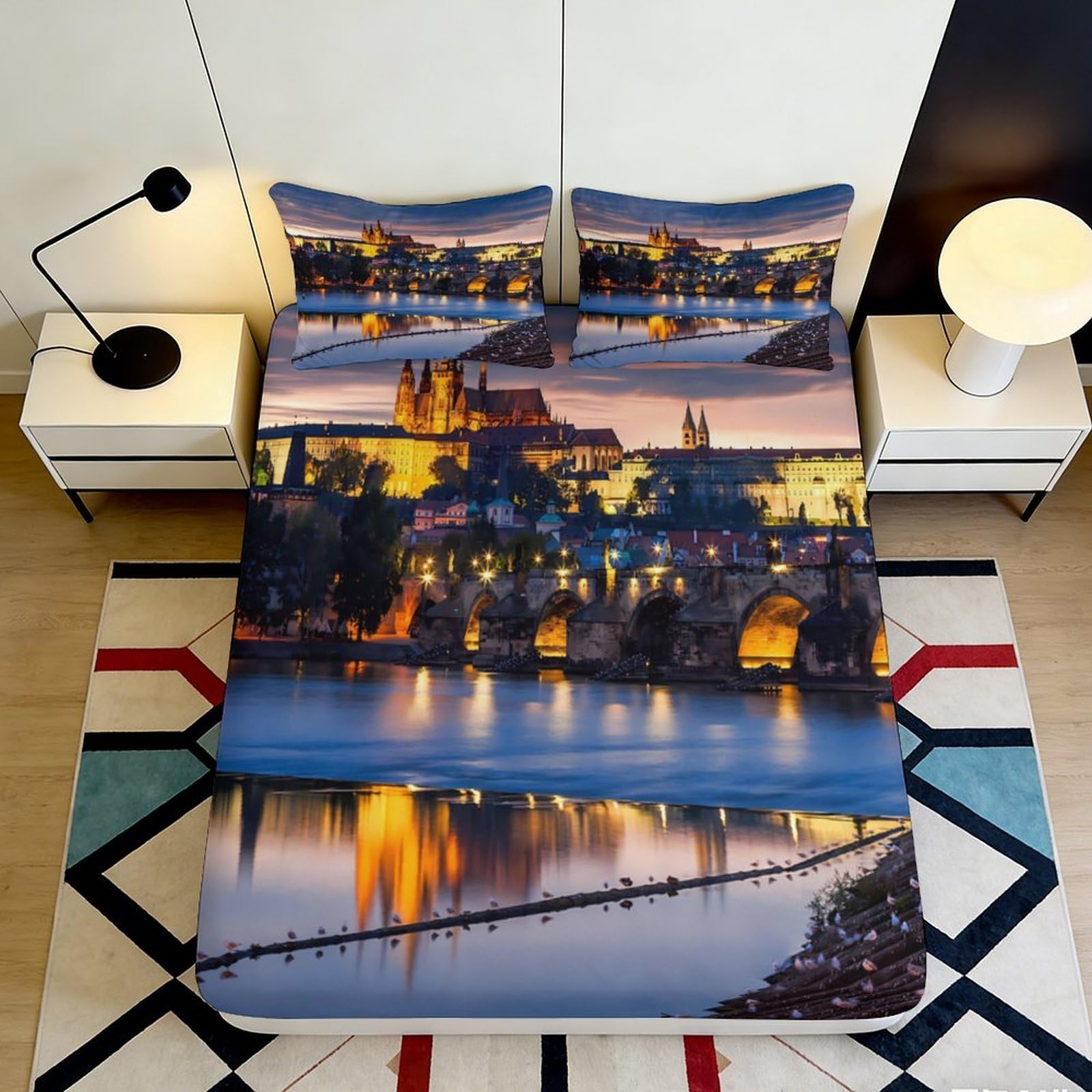 Jqzkxnhpbr Style-6 3D Printed Night Cityscape Fitted Sheet Microfiber Soft Urban Bridge View Mattress Cover For Bedroom Decor 90X200x25cm