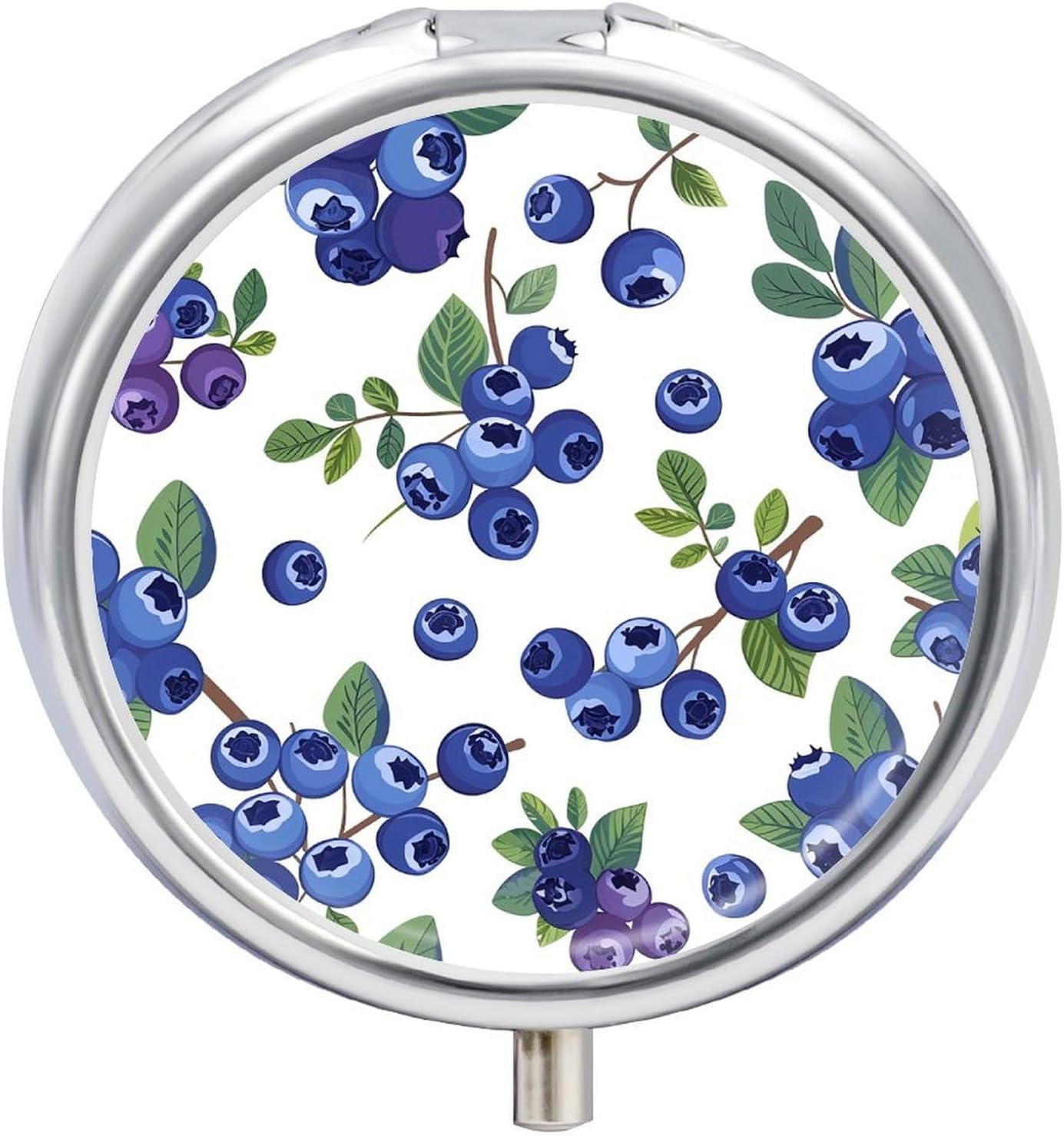 Round Daily Blue Blueberries Pill Case with 3 Compartment & Mirror