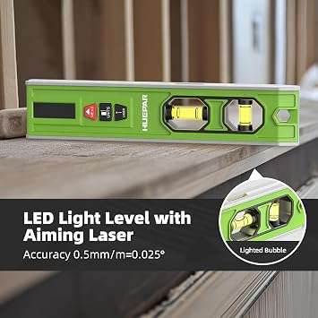Huepar 3-in-1 Laser Level /65Ft Laser Distance Measure/Magnetic Torpedo Level, 9 in Spirit Level with LED Display and Lighted Bubble, USB-C Rechargeable Magnetic Laser Leveler Tool - VJ10