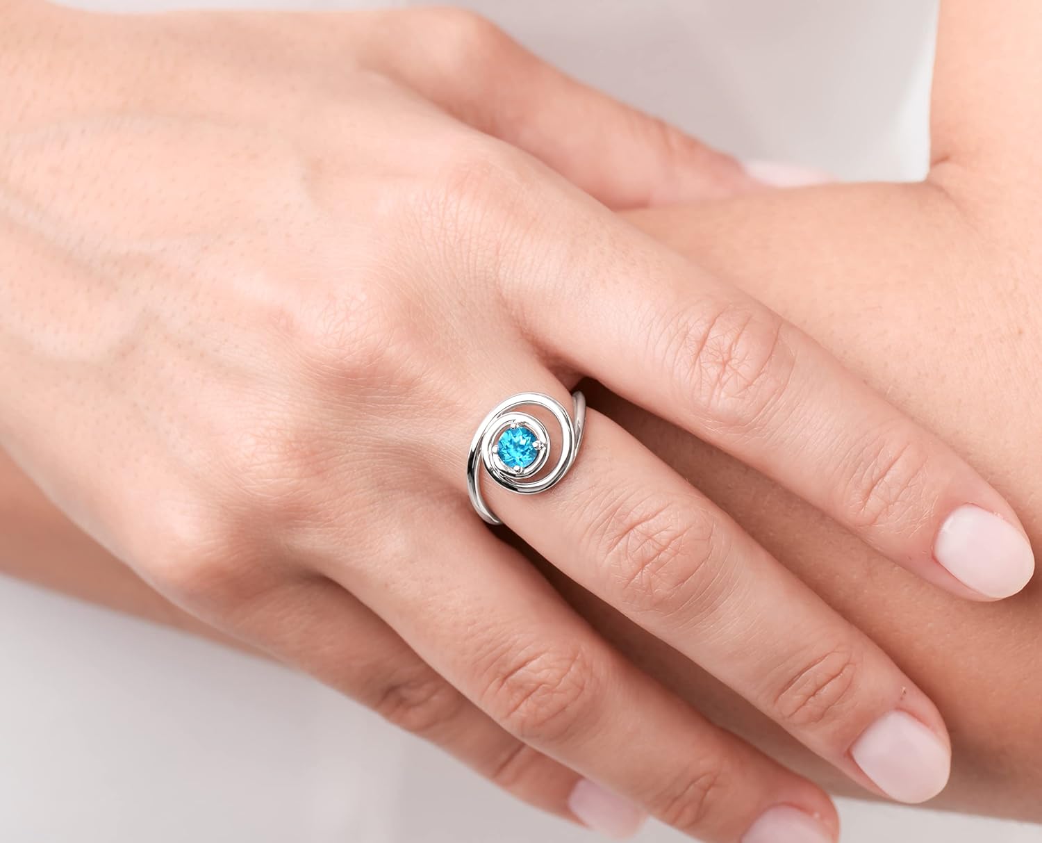 Engagement wedding ring set-Blue topaz ring set-Bridal ring set for women-White gold ring set-Alternative ring unique-Circle ring spiral