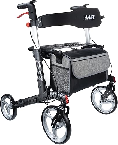 HAMED Andador de ruedas resistente con asiento extra ancho de 20 pulgadas, soporte de 400 libras, caminante plegable doble para personas mayores con