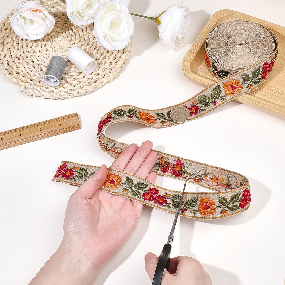 FINGERINSPIRE 10.9Yards Ethnic Style Embroidery Flower Ribbon 1-1/8 inch Wide BurlyWood Embroidery Flower Ribbon Floral Leaf Emobridered Woven Ribbons Polyester Floral Trim for Clothing Decor Projects