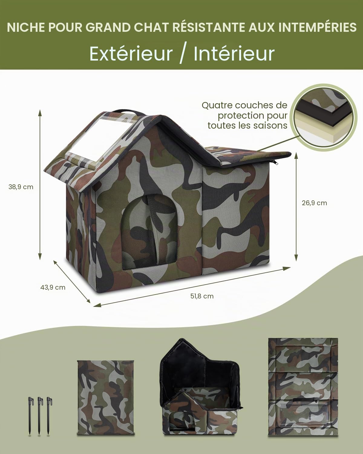 Niche pour Chat Exterieur, Cabane Chat Exterieur Facile à Laver Pliable avec, avec Coussin Amovible Niche D'extérieur pour Chats pour Animaux Domestiques Errants