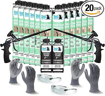 Seal Spray Foam 80% Plus Closed Cell Formula CCI Foam Can Kit w/ 300 Board FT-12 Cans, 2 Angled Gun Foam Applicators, 2 Cans of Cleaner, 1 Pair L Gloves, 1 Pair XL Gloves, 2 Pair Safety Glasses