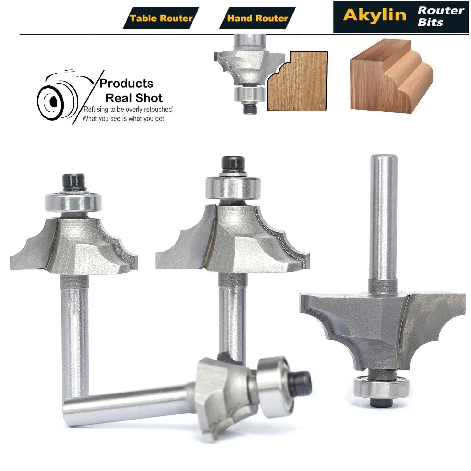 4Pcs Bearing Guided Bead Ovolo Bit Set,1/4" Shank Decorative Edge Bits with Double Round,Rounding Over Radius 3.2mm, 4mm, 5.5mm, 6.35mm, for Wood Profiling,Molding