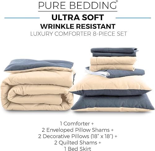 Miniatura 3 de Juego de edredón King 8 piezas, beige  Relleno de funda de edredón, fundas de almohada envolventes, almohadas decorativas, fundas acolchadas y falda