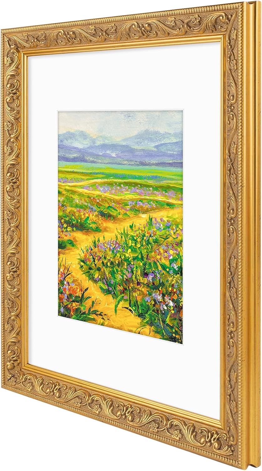 Golden State Art,9x12 Ornate Picture Frame for 6x8 Photo with Mat or 9x12 Prints without Mat,Real Glass Wall Display(Color:Vintage Gold)