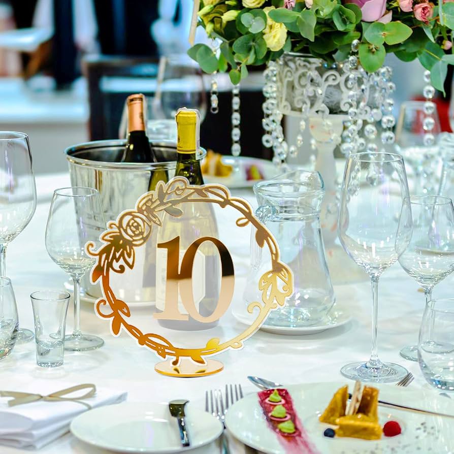 Hochzeitstischnummern Aus Acryl – Spiegelnd, Golden Mit Ständer, Set 1-15