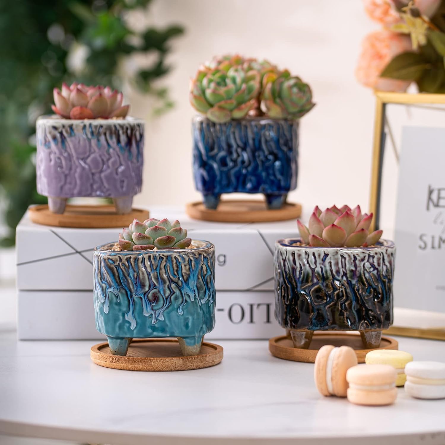 Daveinmic Succulent Pots,3.5 inch Small Plant Pots with Drainage Hole and Bamboo Tray,Colorful Succulent/Cactus Planter Pots Handmade Natural Cracking Pots for Plants,Set of 4 (A)