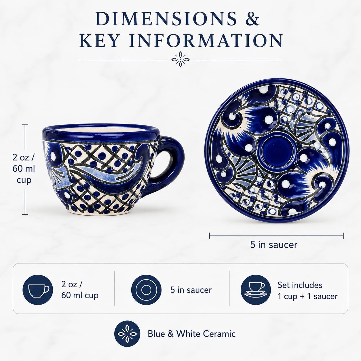Talavera Espresso Coffee Ceramic Floral Cup and Saucer - Blue and White -2 ounces in Gift Box for Family - Cafe Espresso Azul y Blanco
