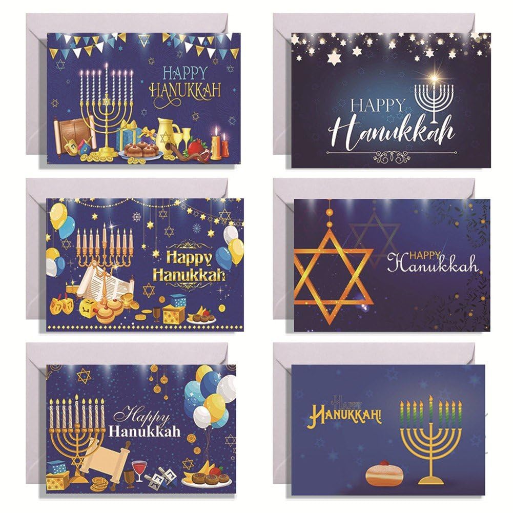 Ppmter Blue 6 Pcs Hanukkah Cards With Envelopes Happy Hanukkah Cards Religious Menorah Cards Happy Hanukkah Greeting Cards For Jewish Holiday Party Supplies