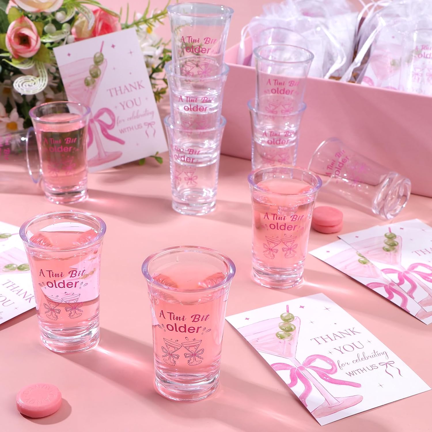 36 Sets A Tini Bit Older Acrylic Shot Glasses Plastic Martini Birthday Cups with Thank You Cards Organza Bags for Martini Bow Party Supplies a Tini Bit Older Birthday Decor (Pink)