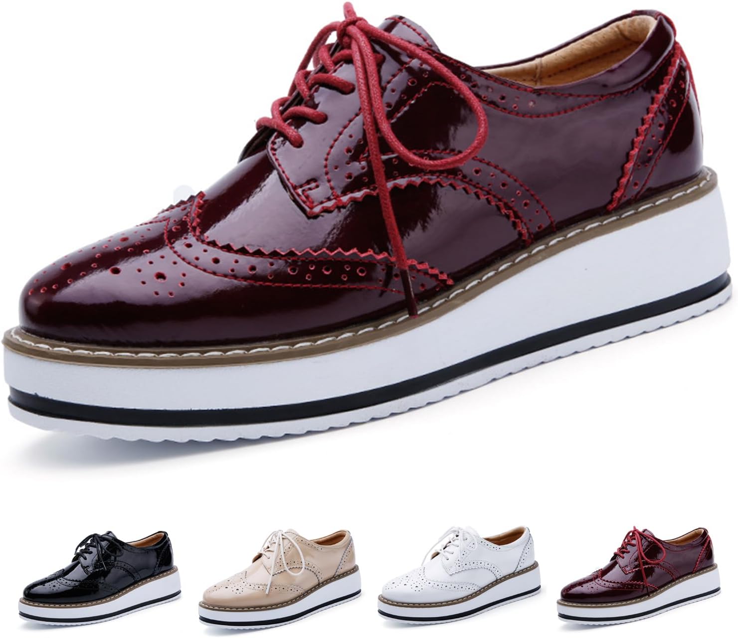 Women's Patent Leather Platform Wingtips Brogue Oxfords Fashion Lace-Up Round Toe Printed Wedge Dress Shoes Comfort Business Casual Formal Shoes