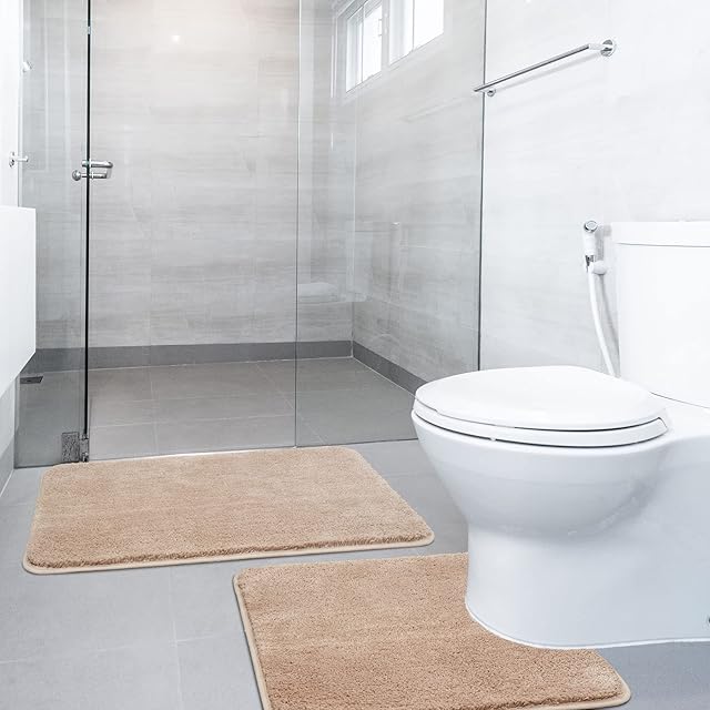 SOANNY 2 Piece Non Slip Bathroom Rugs Set, Luxury Thick Microfiber Shaggy Bath Mat Sets, 50 X 80 CM Soft Plush Shower Rug & 50 X 50 Toilet Mat, Machine Washable Bathroom Mats Carpet, Camel