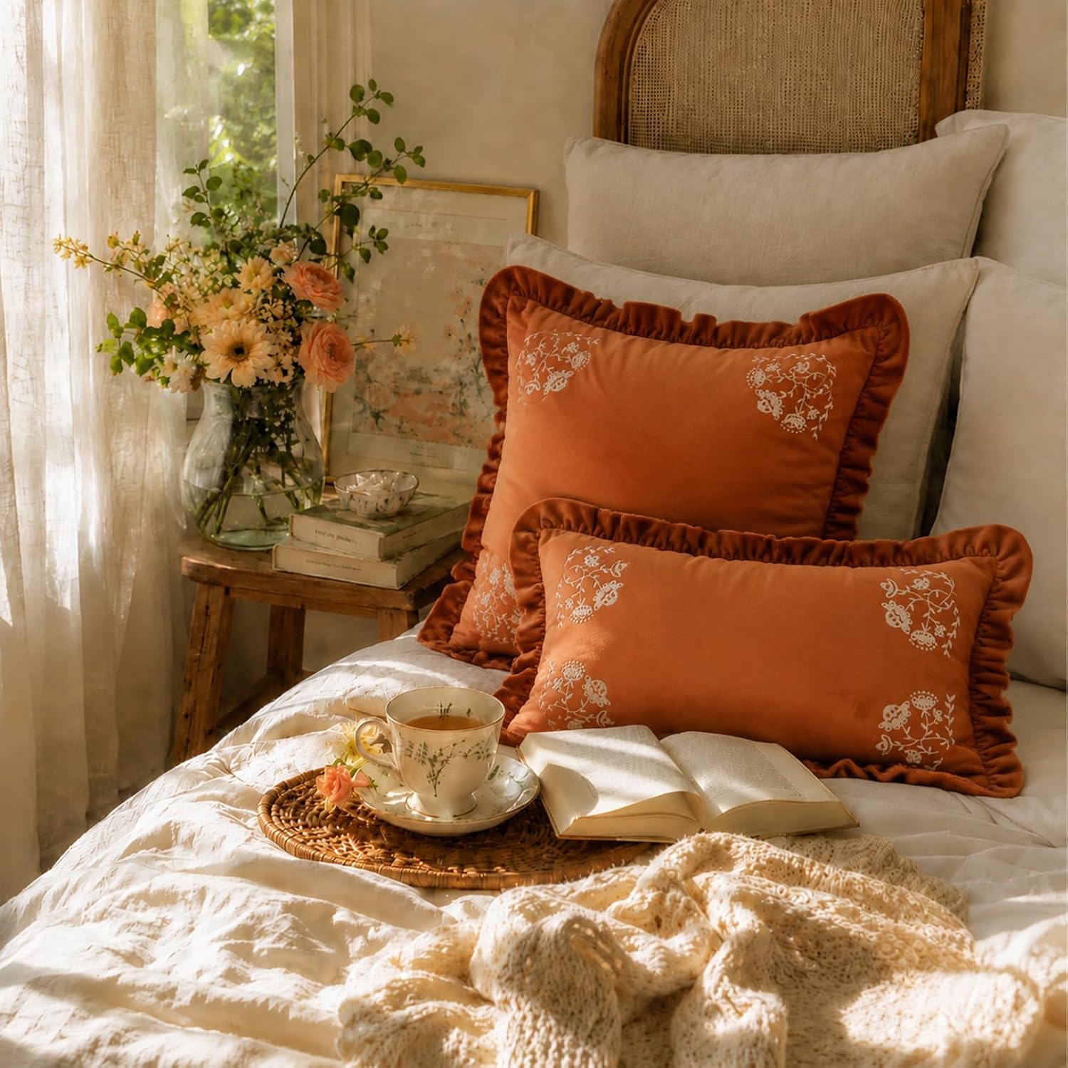 Orange Set of 2 18x18 &12x20 Inch Flower Decorative Pillow Cover, Ruffled Floral Pillow Sham, Comfortable Couch Cushion, Stylish Pillow Case for Sofa Bedroom Farmhouse Home Decor