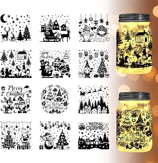 12 pcs Christmas Silhouettes Jar Stickers Christmas Tree Vivid Cutouts Decals Christmas Snowman Silhouette Scrapbook Embellishment for Christmas Party Wall Painting Window Glass Decor