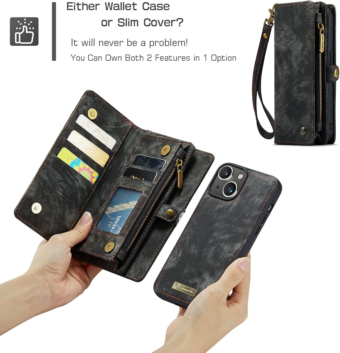 Case for iPhone 13 2021 Genuine Leather Wallet Detachable Magnetic Cell Phone Cover Zipper Purse RFID Blocking Card Slot Holster for iPhone 13 Mini 5.4 inch 2021 (Black, 13mini)