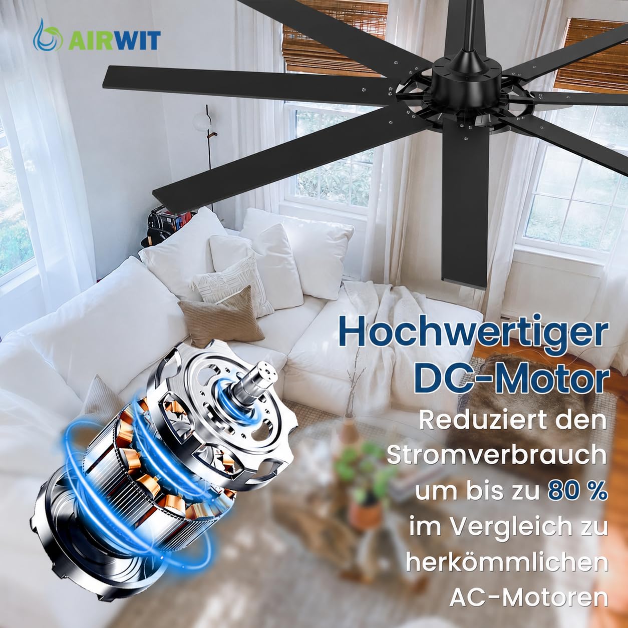 Airwit 183cm Deckenventilator mit Beleuchtung und Fernbedienung, Outdoor, leise, wendbare Flügel, Industrial Design