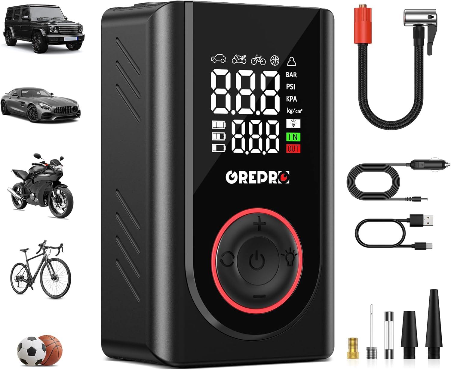 GREPRO Tire Inflator Portable Air Compressor,150PSI Air Pump for Car Tires,12V DC Dual Power Cordless Tire Pump with Tire Pressure Gauge,LED Light for Car,Motorcycle,Bike,Ball,Other Inflatables,Red