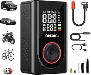 GREPRO Tire Inflator Portable Air Compressor,150PSI Air Pump for Car Tires,12V DC Dual Power Cordless Tire Pump with Tire Pressure Gauge,LED Light for Car,Motorcycle,Bike,Ball,Other Inflatables,Red