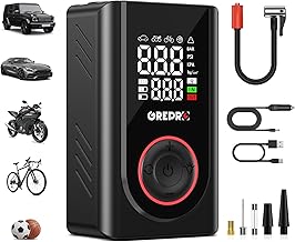 GREPRO Electric Air Pump, 150 PSI Mini Portable Battery Compressor, 12 V DC Bicycle Pump with Digital Double Value Display, 5000 mAh Power Bank and LED Light for Car, Motorcycle, Bicycle, Ball