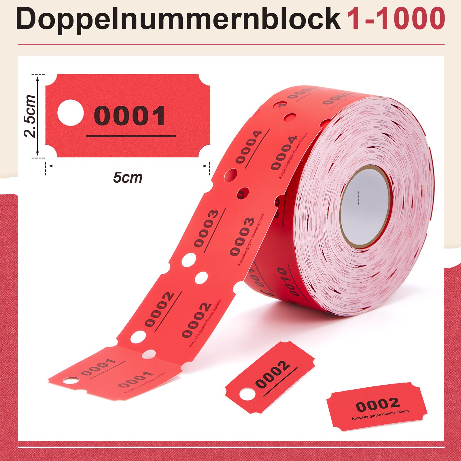 Nezyo Wertmarken Rolle 1-1000 Nummernblöcke Doppelnummernblock mit Loch Garderoben Ticket Nummerierte Abrisse Getränke Essensmarken Wäscheservice für Vereinsfest Geschäfte Messen Bar Hochzeit(Rot)