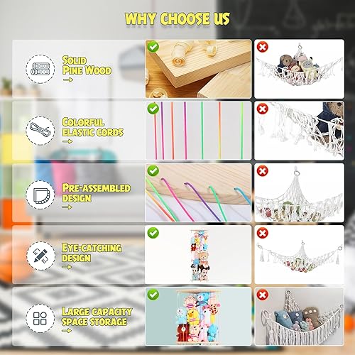 Miniatura 6 de Hamaca de almacenamiento de animales de peluche, soporte de madera para juguetes de peluche, organizador de almacenamiento de juguetes para sala de